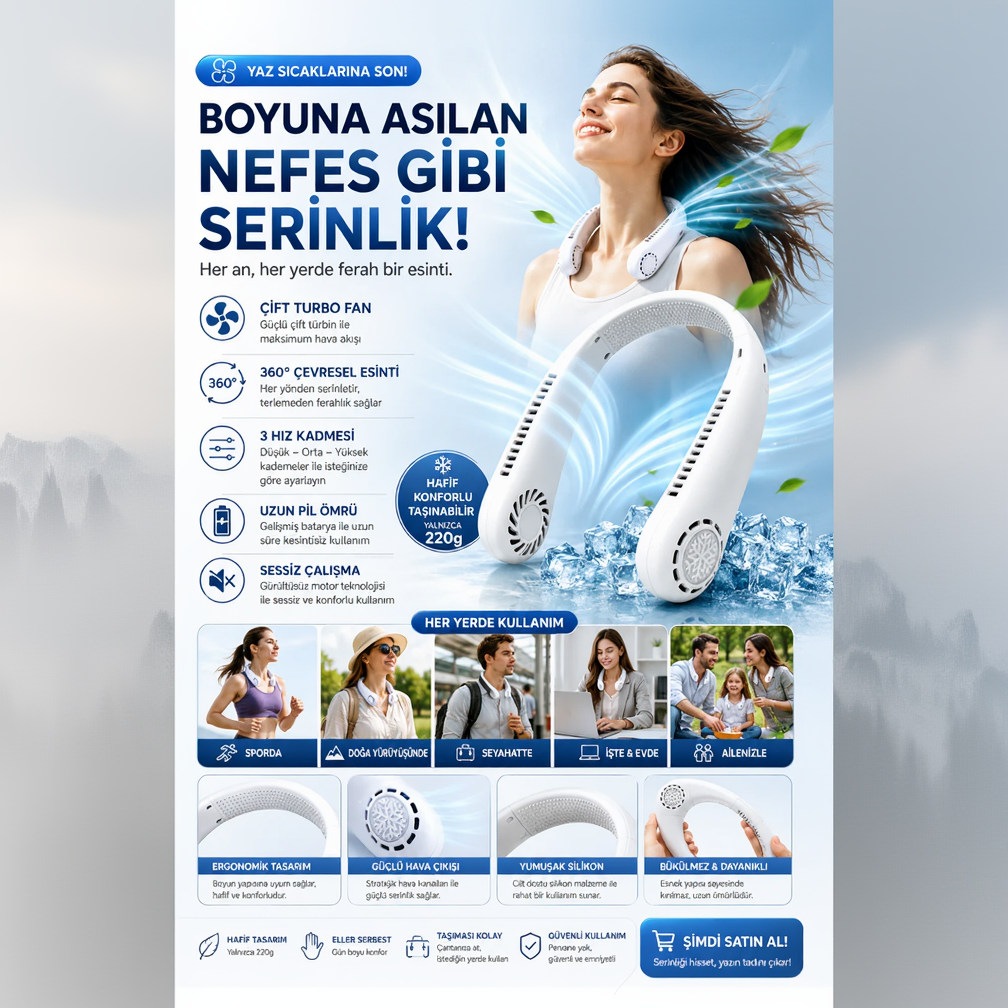 Taşınabilir Boyun Vantilatörü Fan Şarjlı Boyun Fanı  Serinletici Mini Klima - Vitarely™